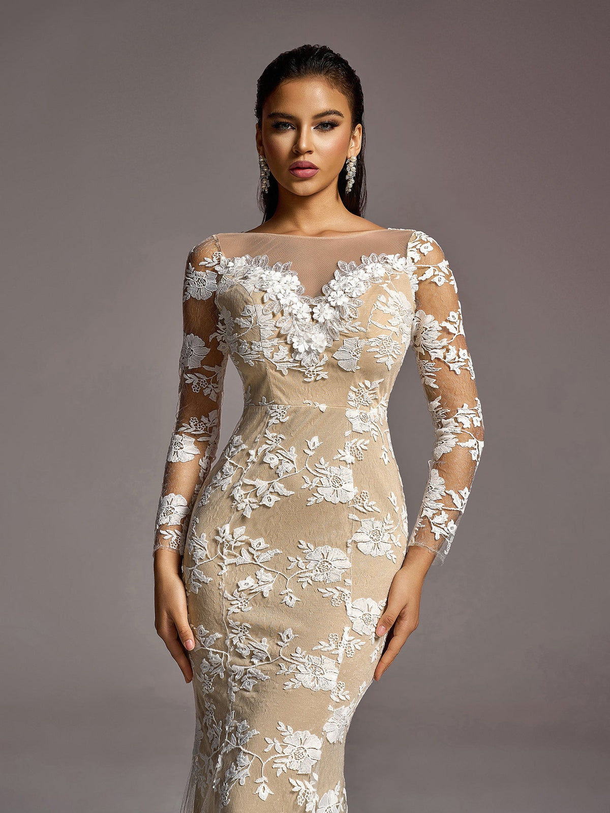 Additional product view of Backless Mermaid Hem Lace Boat-Neck Long-Sleeve Wedding Dress