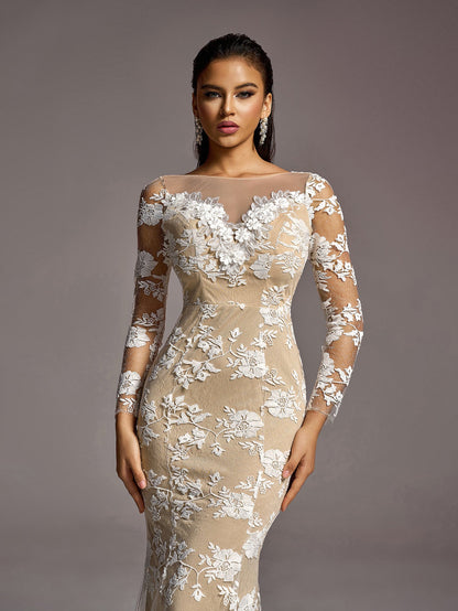 Additional product view of Backless Mermaid Hem Lace Boat-Neck Long-Sleeve Wedding Dress