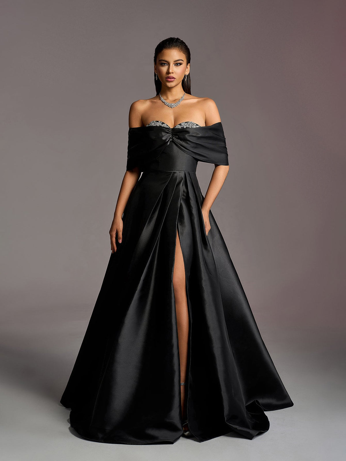 Black Off-Shoulder Satin Prom Dress with Rhinestones - product image 3