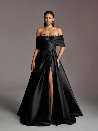 Black Off-Shoulder Satin Prom Dress with Rhinestones - product image 3