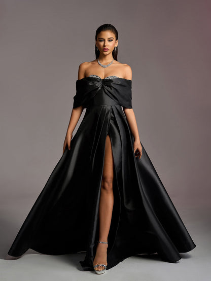 Black Off-Shoulder Satin Prom Dress with Rhinestones - product image 4