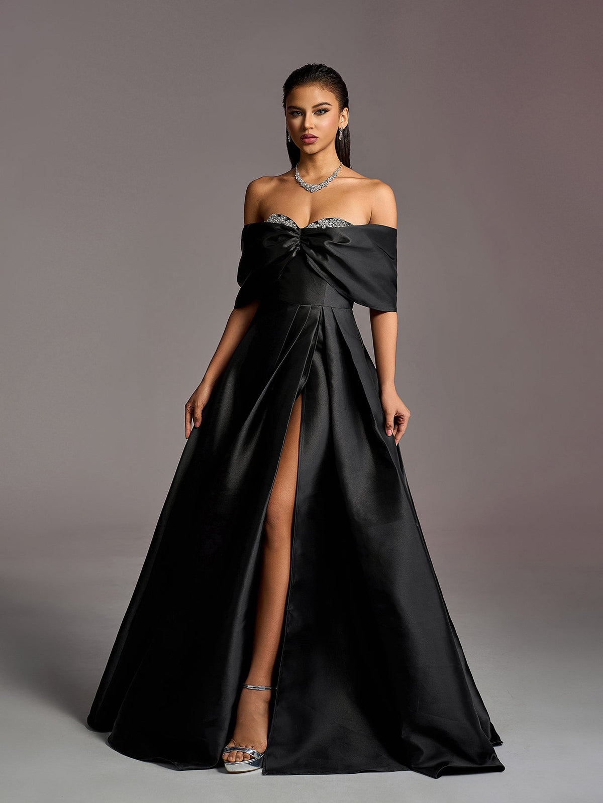 Black Off-Shoulder Satin Prom Dress with Rhinestones - product image 5
