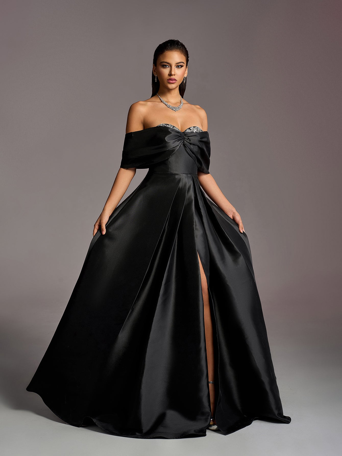 Black Off-Shoulder Satin Prom Dress with Rhinestones - product image 6