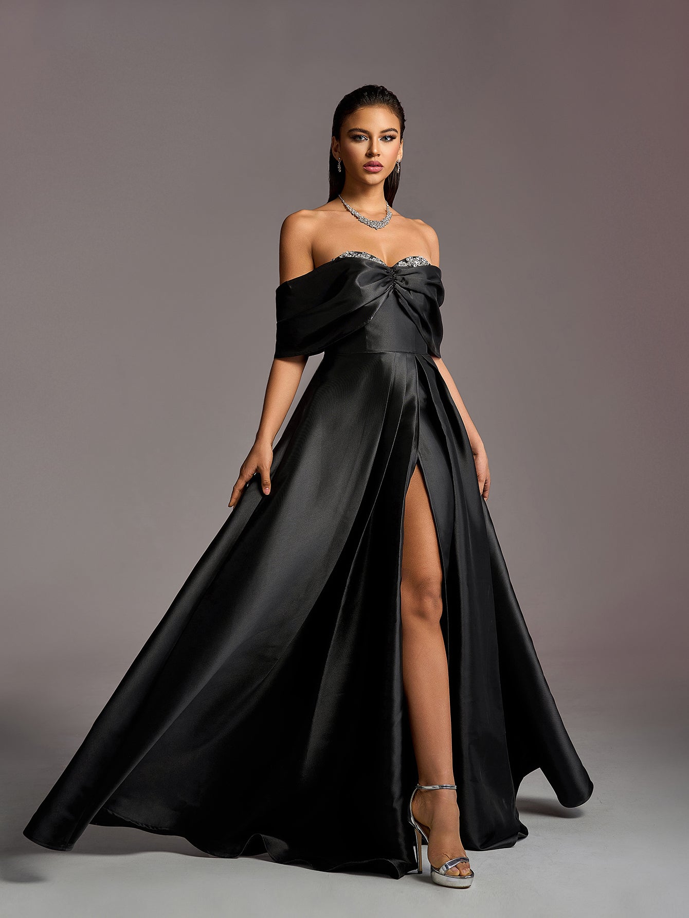 Black Off-Shoulder Satin Prom Dress with Rhinestones - product image 7