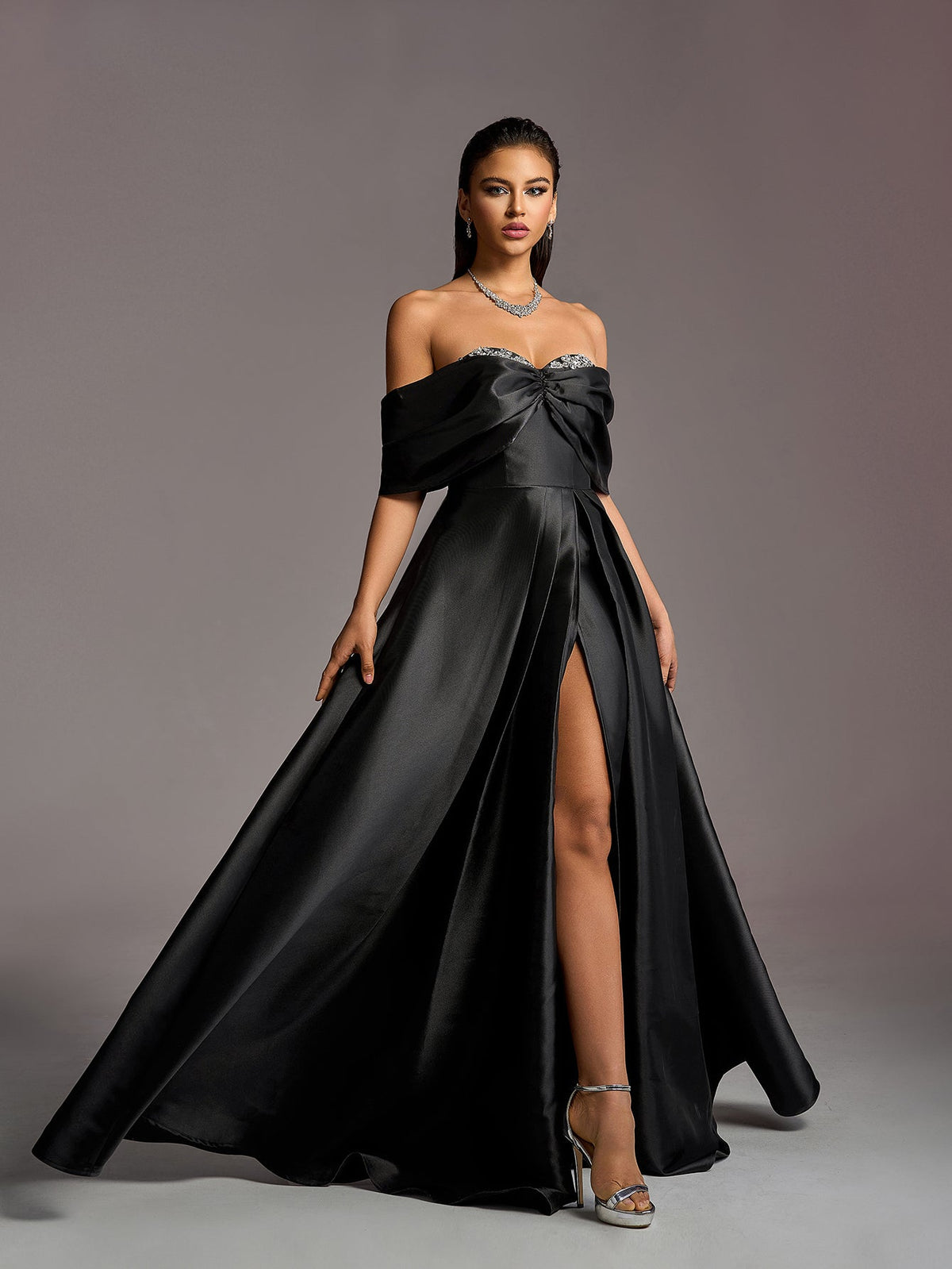Black Off-Shoulder Satin Prom Dress with Rhinestones - product image 7