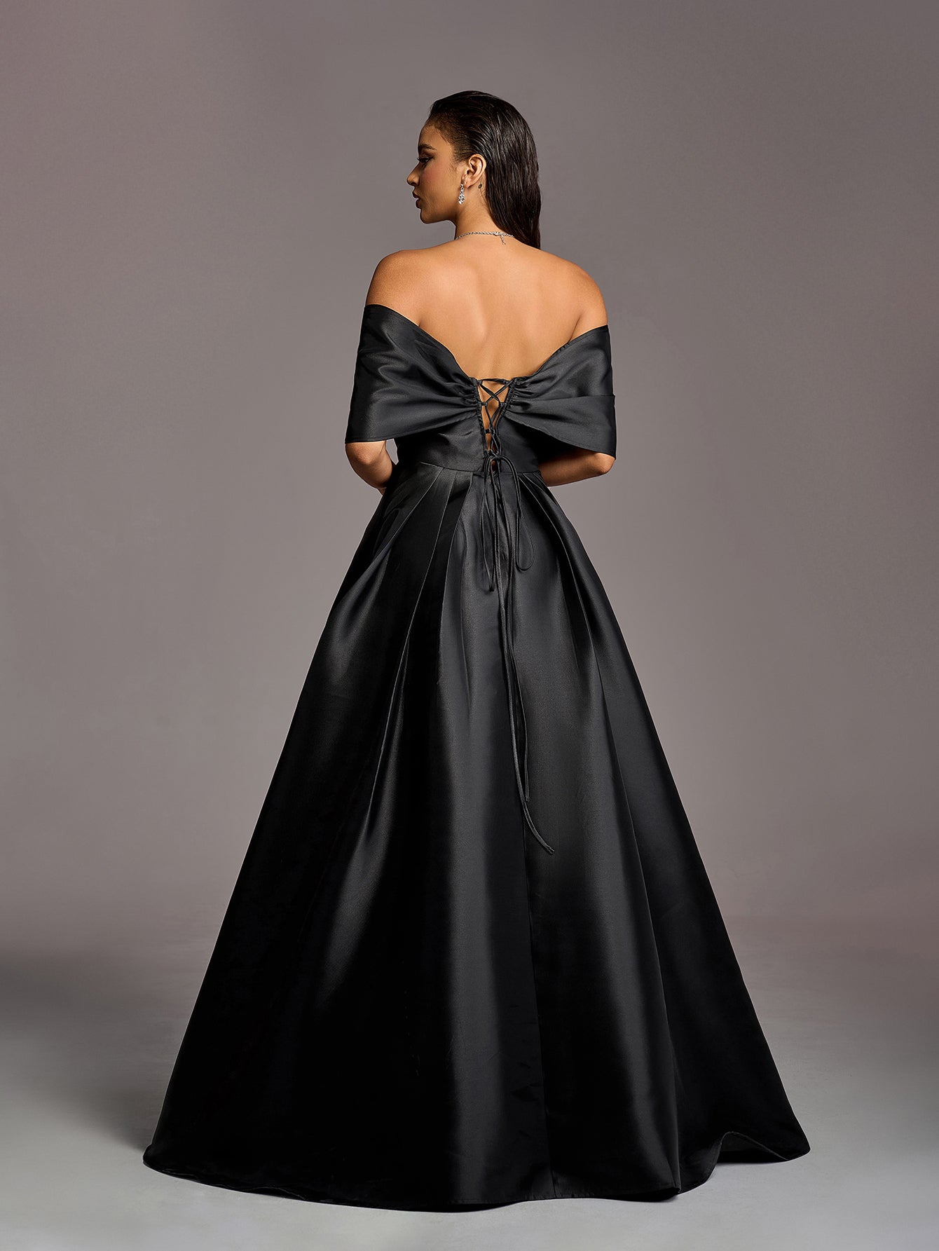 Black Off-Shoulder Satin Prom Dress with Rhinestones - product image 2