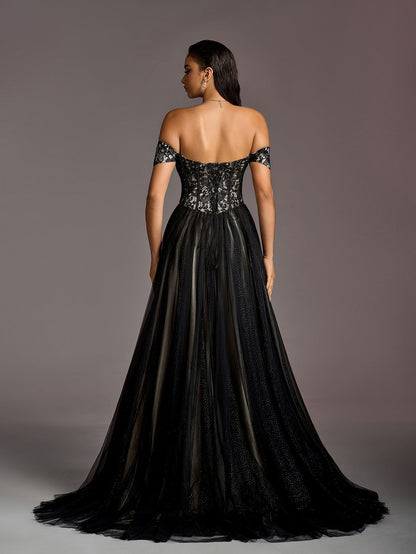 Off-Shoulder Lace Bodice Contrast Tulle Hem Wedding Gown — authorized product image 2