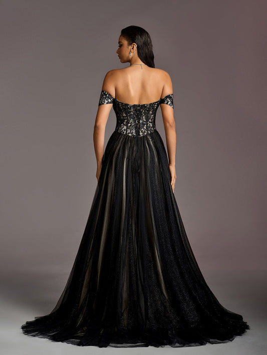 Off-Shoulder Lace Bodice Contrast Tulle Hem Wedding Gown — authorized product image 2