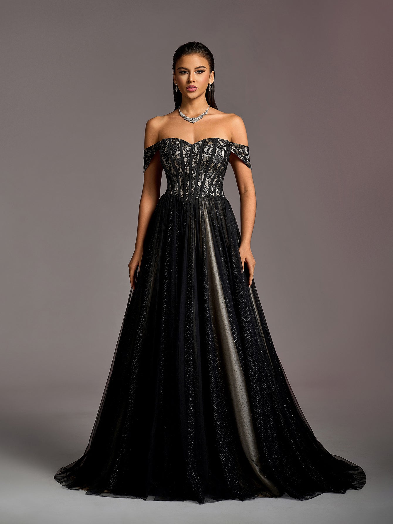 Off-Shoulder Lace Bodice Contrast Tulle Hem Wedding Gown — authorized product image 1