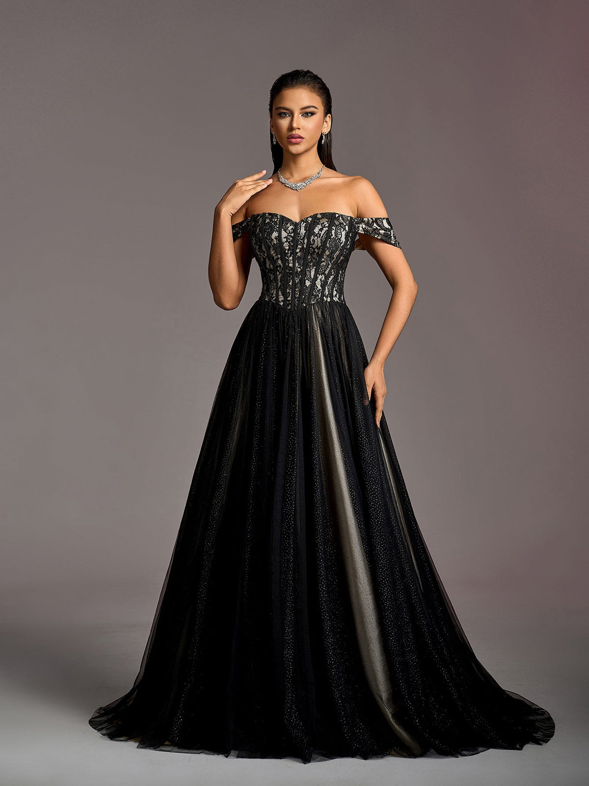 Off-Shoulder Lace Bodice Contrast Tulle Hem Wedding Gown — authorized product image 3