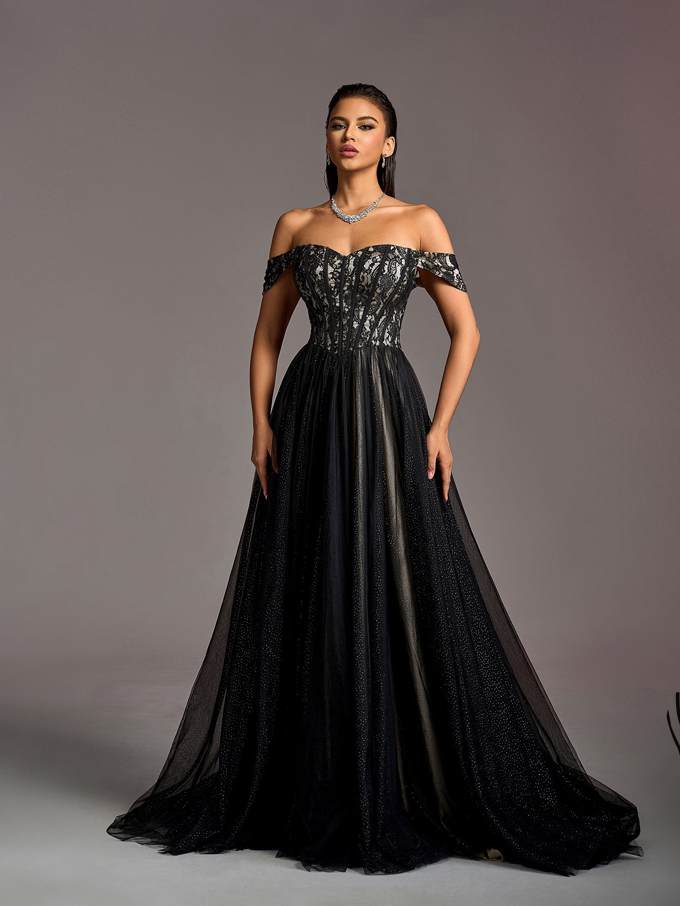 Off-Shoulder Lace Bodice Contrast Tulle Hem Wedding Gown — authorized product image 4