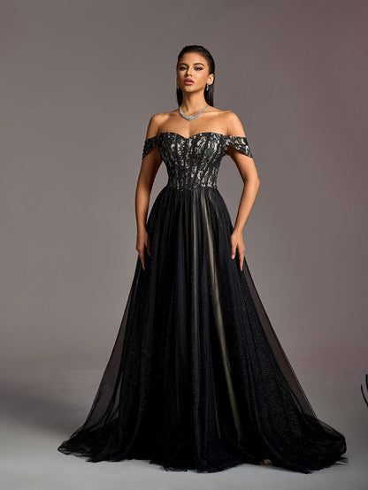 Off-Shoulder Lace Bodice Contrast Tulle Hem Wedding Gown — authorized product image 4