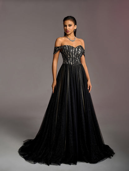 Off-Shoulder Lace Bodice Contrast Tulle Hem Wedding Gown — authorized product image 5