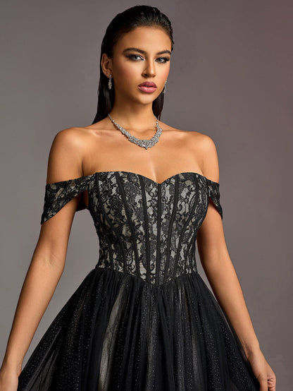 Off-Shoulder Lace Bodice Contrast Tulle Hem Wedding Gown — authorized product image 6