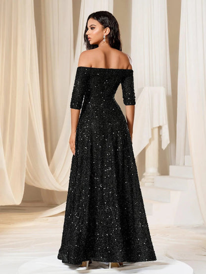Off Shoulder 3/4 Sleeve Sequin A Line Dress