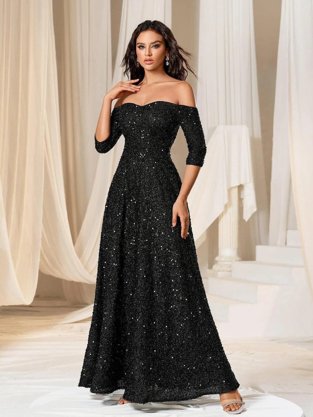 Off Shoulder 3/4 Sleeve Sequin A Line Dress