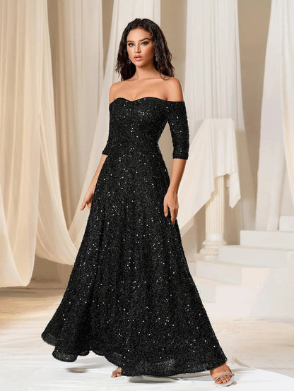 Off Shoulder 3/4 Sleeve Sequin A Line Dress