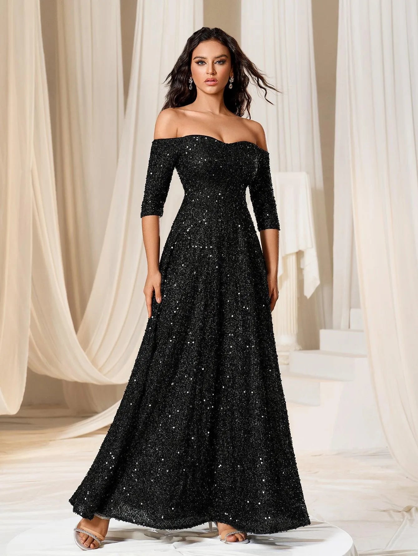 Off Shoulder 3/4 Sleeve Sequin A Line Dress