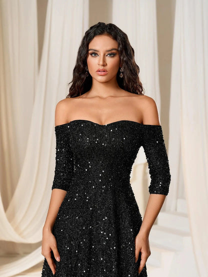 Off Shoulder 3/4 Sleeve Sequin A Line Dress