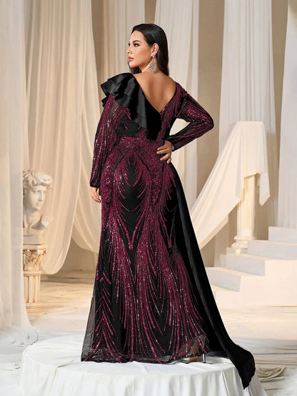 Plus Asymmetrical Ruffle Trim Mermaid Hem Graphic Sequin Formal Dress Evening Dress