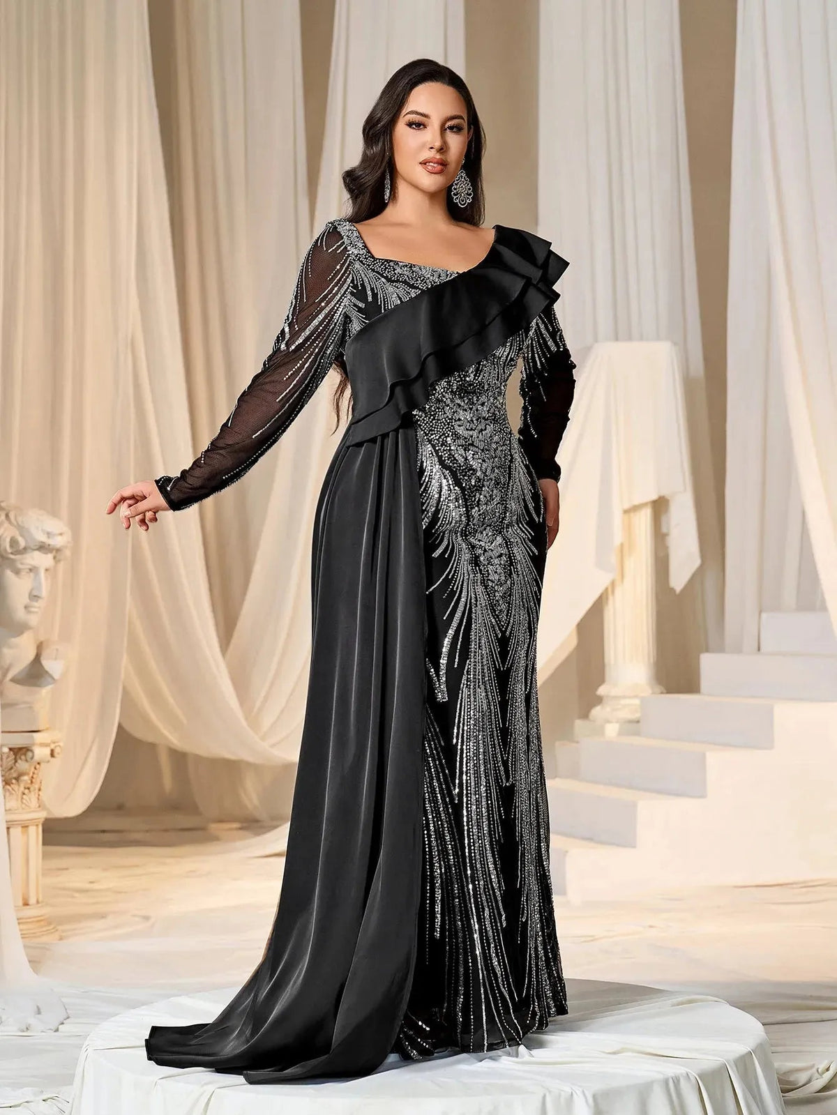 Plus Asymmetrical Ruffle Trim Mermaid Hem Graphic Sequin Formal Dress Evening Dress