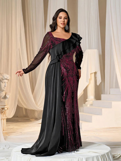 Plus Asymmetrical Ruffle Trim Mermaid Hem Graphic Sequin Formal Dress Evening Dress