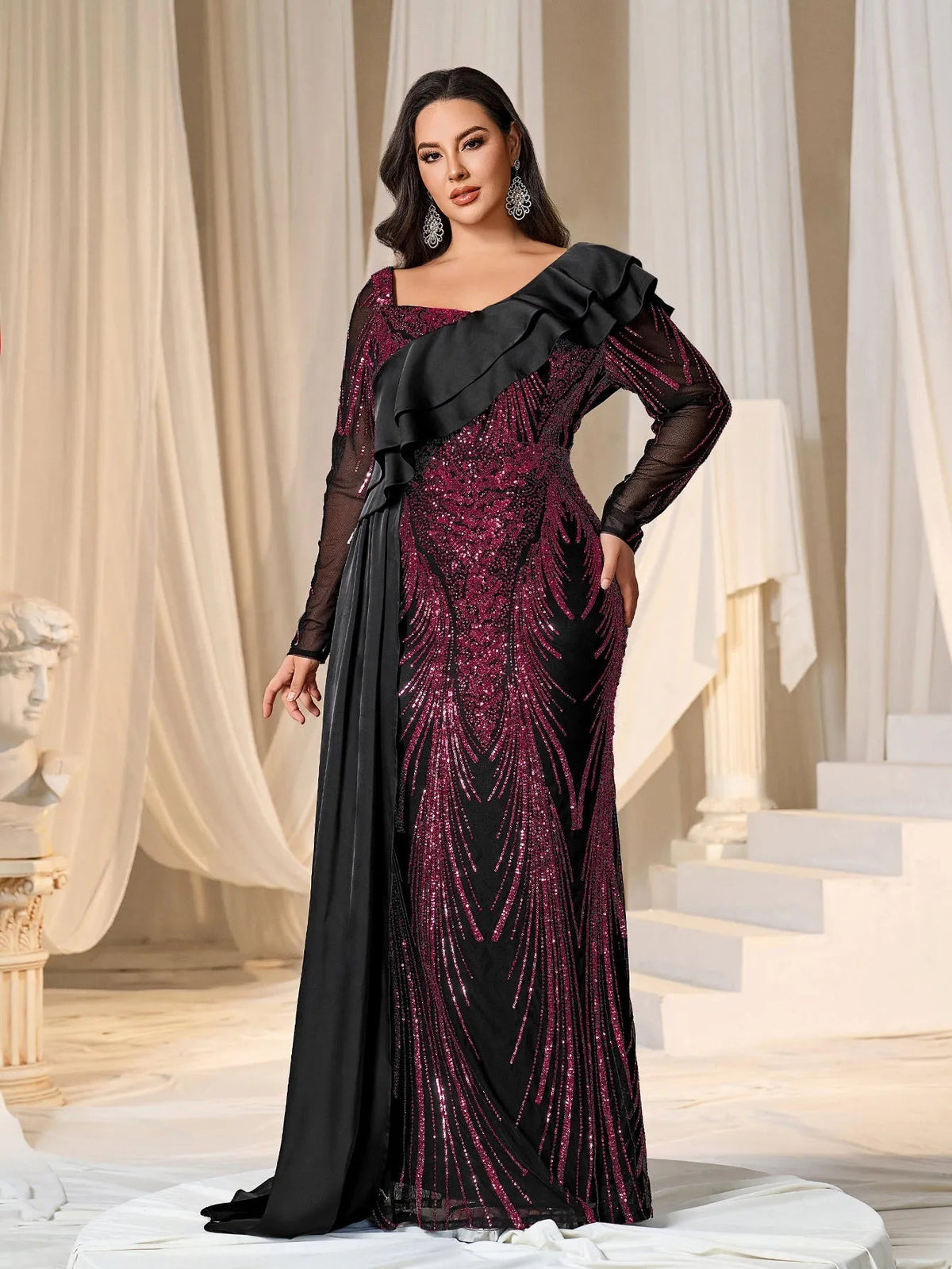 Plus Asymmetrical Ruffle Trim Mermaid Hem Graphic Sequin Formal Dress Evening Dress