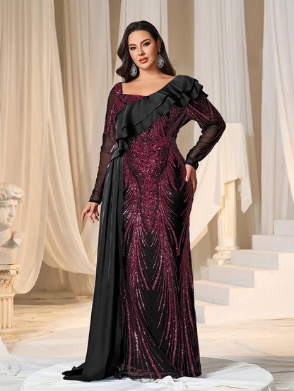 Plus Asymmetrical Ruffle Trim Mermaid Hem Graphic Sequin Formal Dress Evening Dress