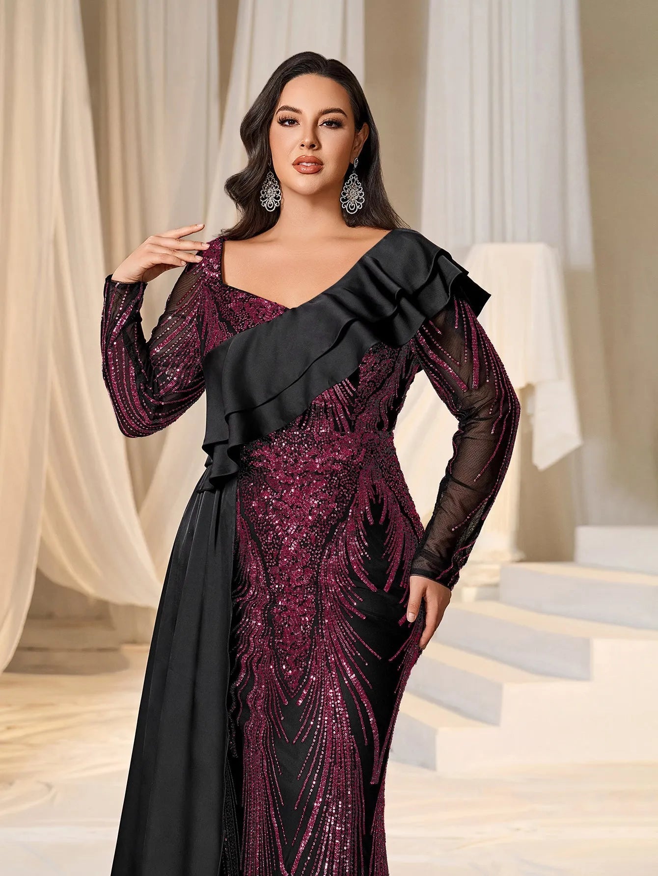 Plus Asymmetrical Ruffle Trim Mermaid Hem Graphic Sequin Formal Dress Evening Dress