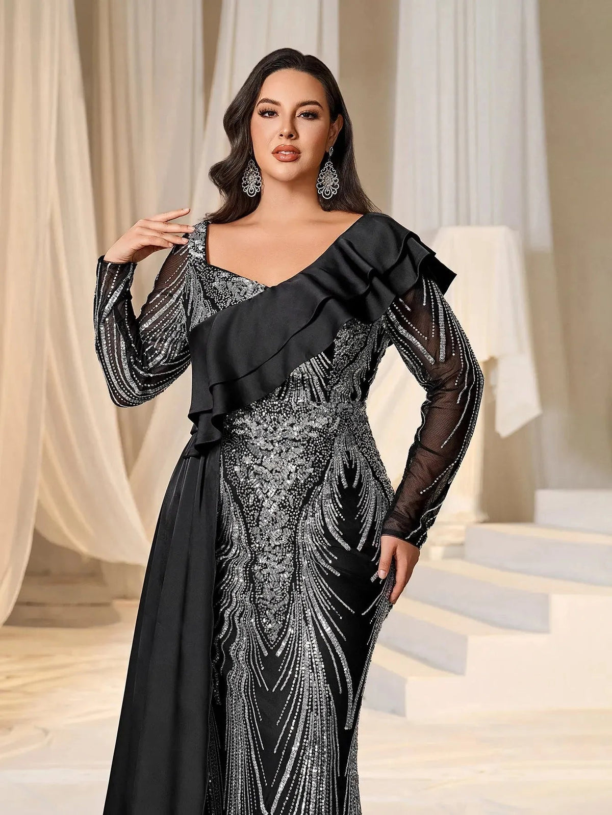 Plus Asymmetrical Ruffle Trim Mermaid Hem Graphic Sequin Formal Dress Evening Dress