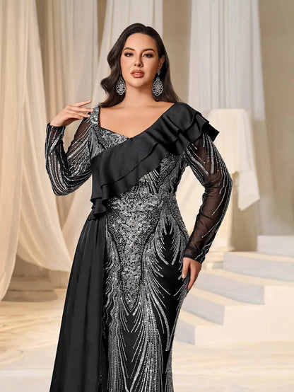 Plus Asymmetrical Ruffle Trim Mermaid Hem Graphic Sequin Formal Dress Evening Dress