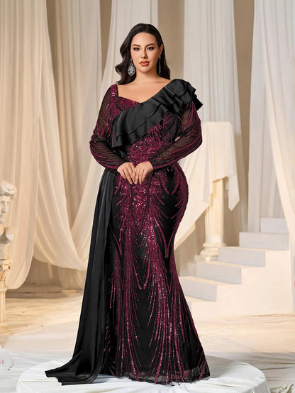 Plus Asymmetrical Ruffle Trim Mermaid Hem Graphic Sequin Formal Dress Evening Dress