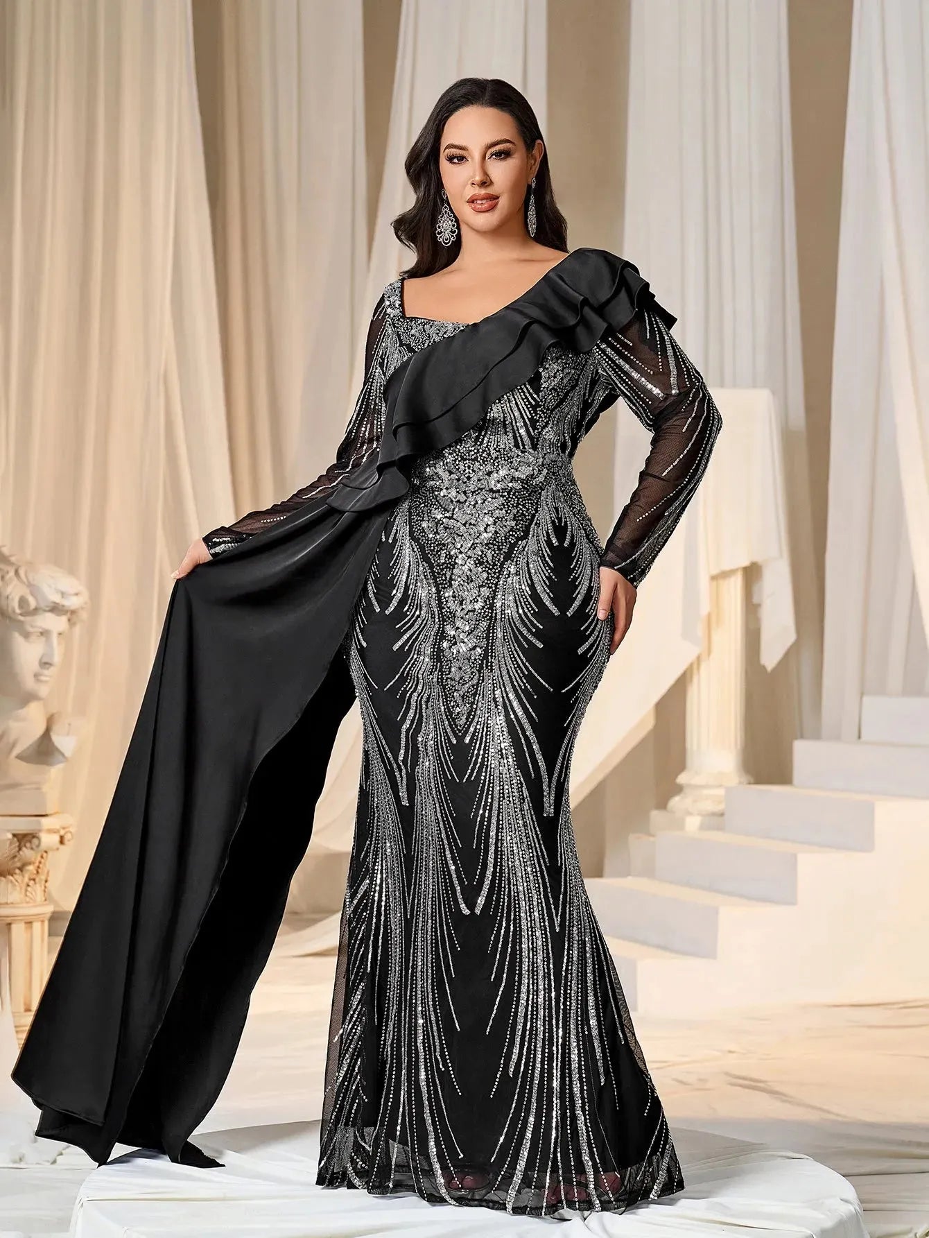 Plus Asymmetrical Ruffle Trim Mermaid Hem Graphic Sequin Formal Dress Evening Dress