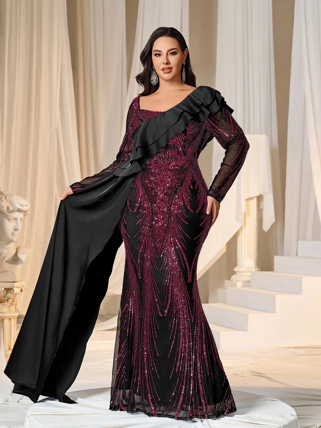 Plus Asymmetrical Ruffle Trim Mermaid Hem Graphic Sequin Formal Dress Evening Dress