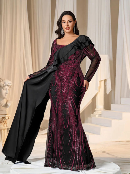 Plus Asymmetrical Ruffle Trim Mermaid Hem Graphic Sequin Formal Dress Evening Dress