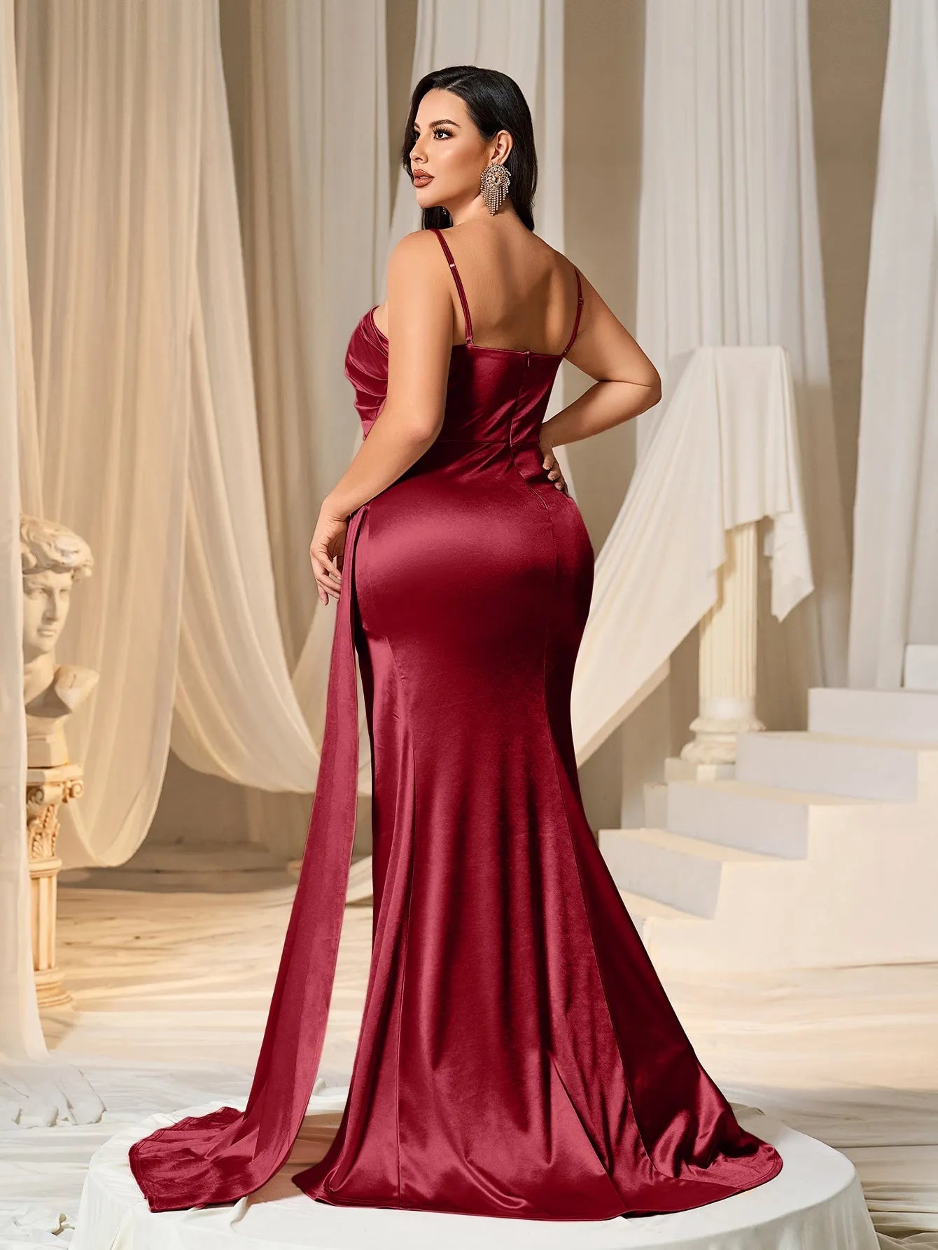 Additional product view of Asymmetrical Mermaid Hem Plus-Size Satin High-Slit Evening Gown