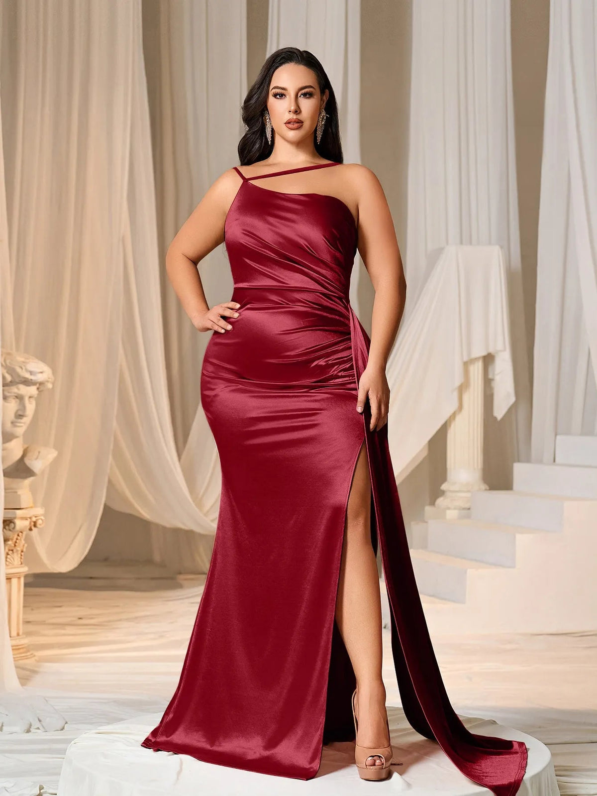 Additional product view of Asymmetrical Mermaid Hem Plus-Size Satin High-Slit Evening Gown