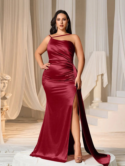 Additional product view of Asymmetrical Mermaid Hem Plus-Size Satin High-Slit Evening Gown