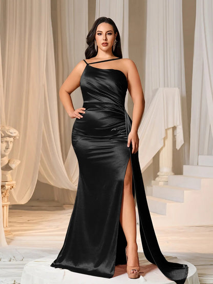 Additional product view of Asymmetrical Mermaid Hem Plus-Size Satin High-Slit Evening Gown
