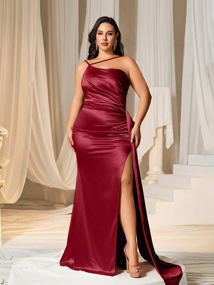 Additional product view of Asymmetrical Mermaid Hem Plus-Size Satin High-Slit Evening Gown