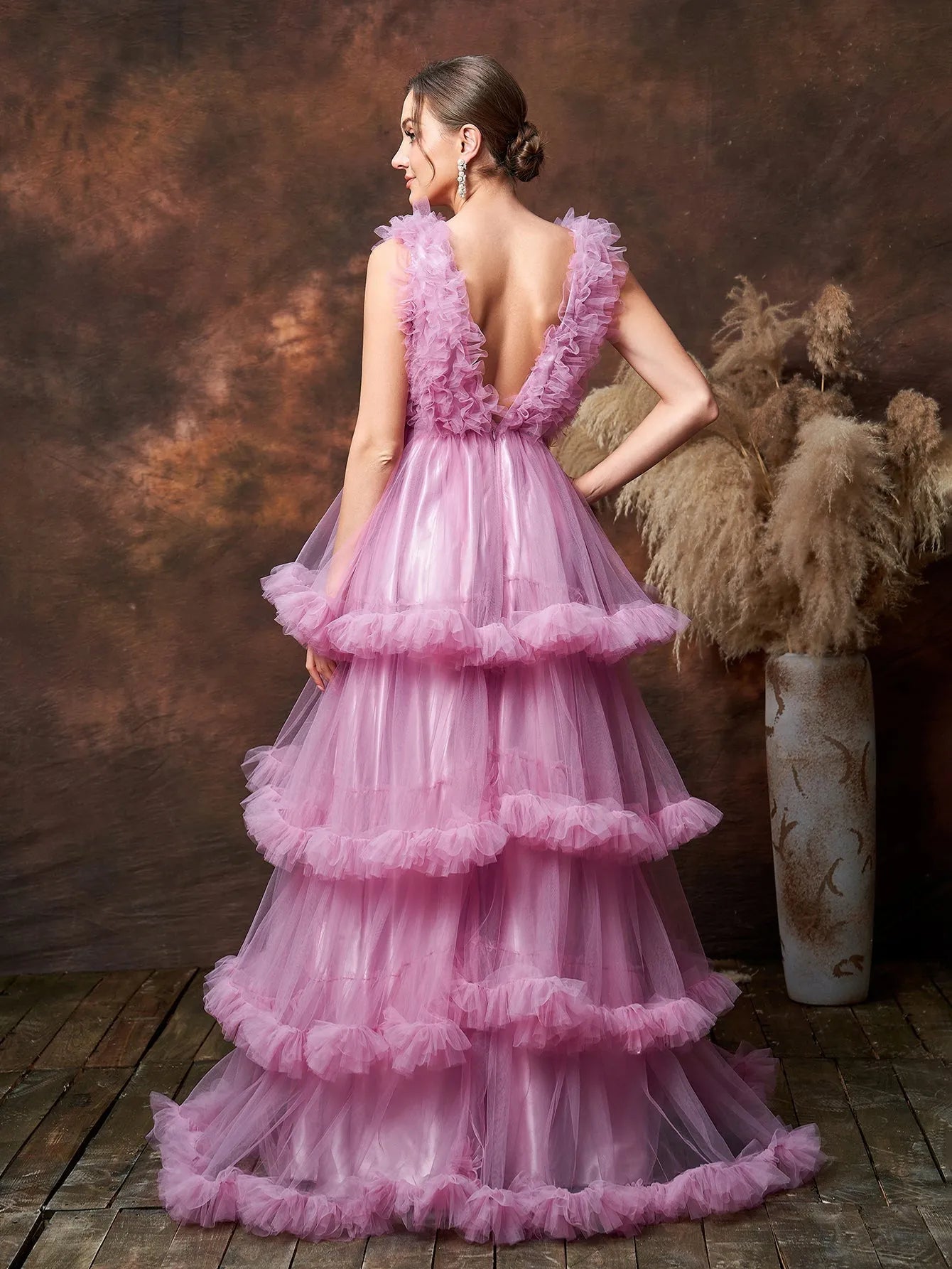 Additional product view of Layered Hem Ruffle Trim V-Neck Mesh A-Line Maternity Formal Dress