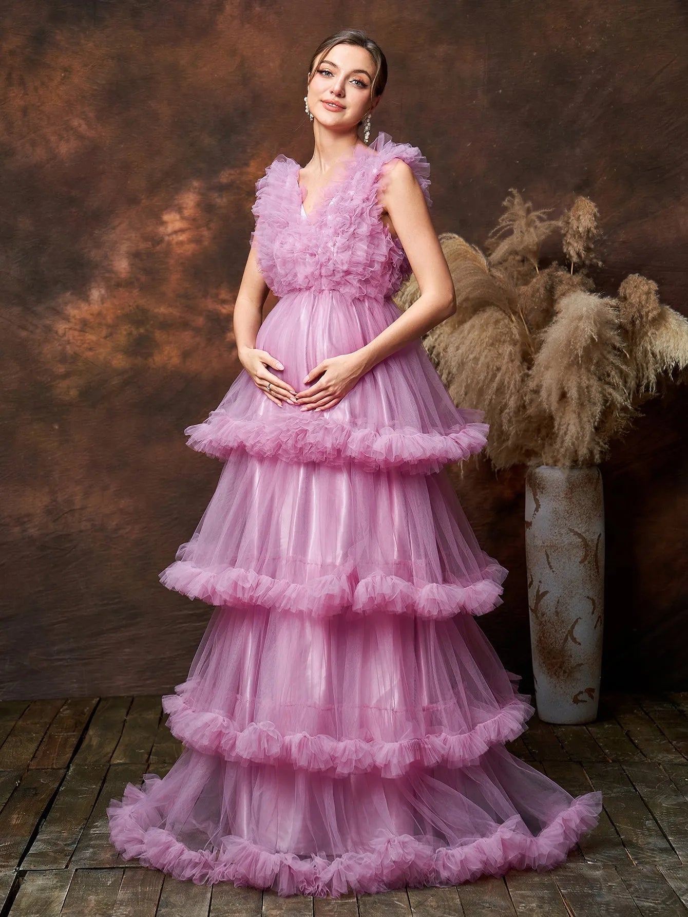 Additional product view of Layered Hem Ruffle Trim V-Neck Mesh A-Line Maternity Formal Dress
