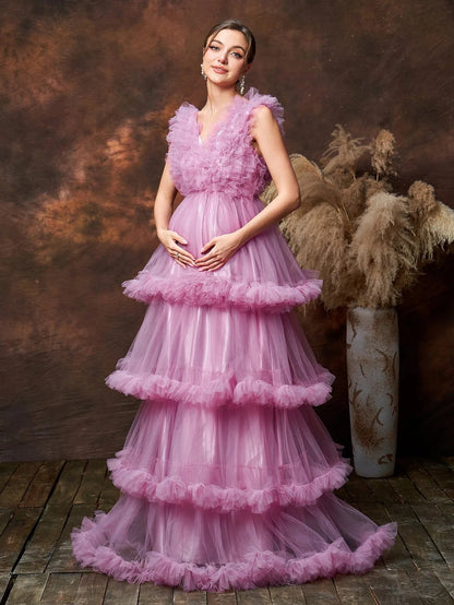Additional product view of Layered Hem Ruffle Trim V-Neck Mesh A-Line Maternity Formal Dress