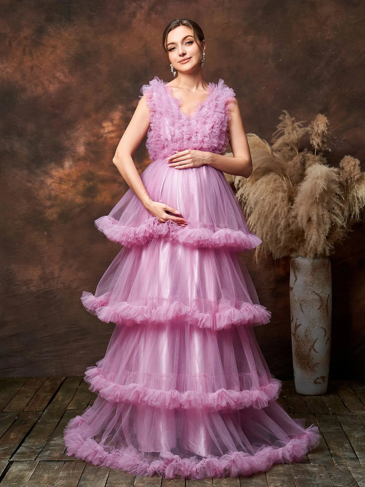 Additional product view of Layered Hem Ruffle Trim V-Neck Mesh A-Line Maternity Formal Dress