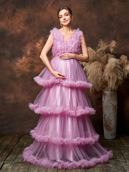 Additional product view of Layered Hem Ruffle Trim V-Neck Mesh A-Line Maternity Formal Dress