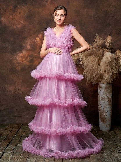 Additional product view of Layered Hem Ruffle Trim V-Neck Mesh A-Line Maternity Formal Dress