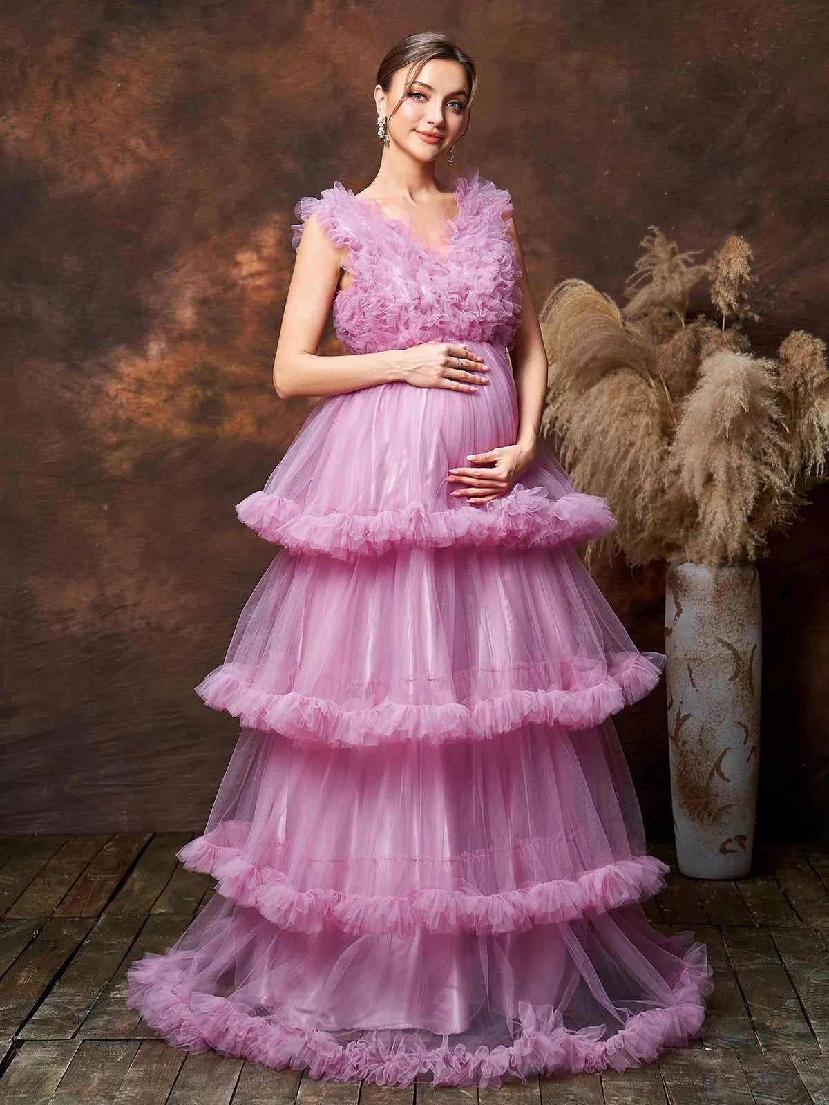 Additional product view of Layered Hem Ruffle Trim V-Neck Mesh A-Line Maternity Formal Dress