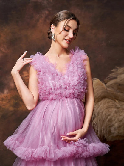 Additional product view of Layered Hem Ruffle Trim V-Neck Mesh A-Line Maternity Formal Dress