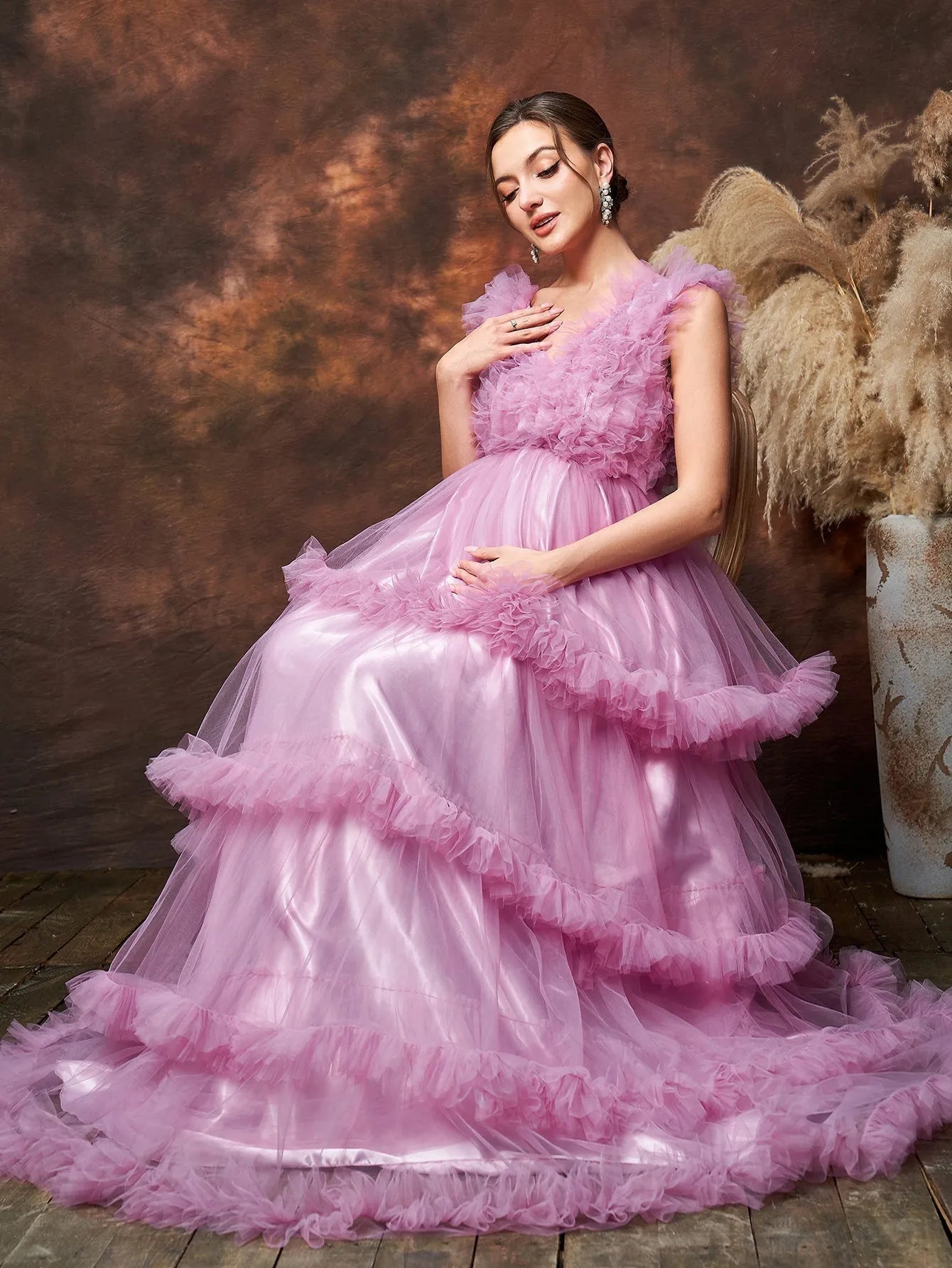 Additional product view of Layered Hem Ruffle Trim V-Neck Mesh A-Line Maternity Formal Dress