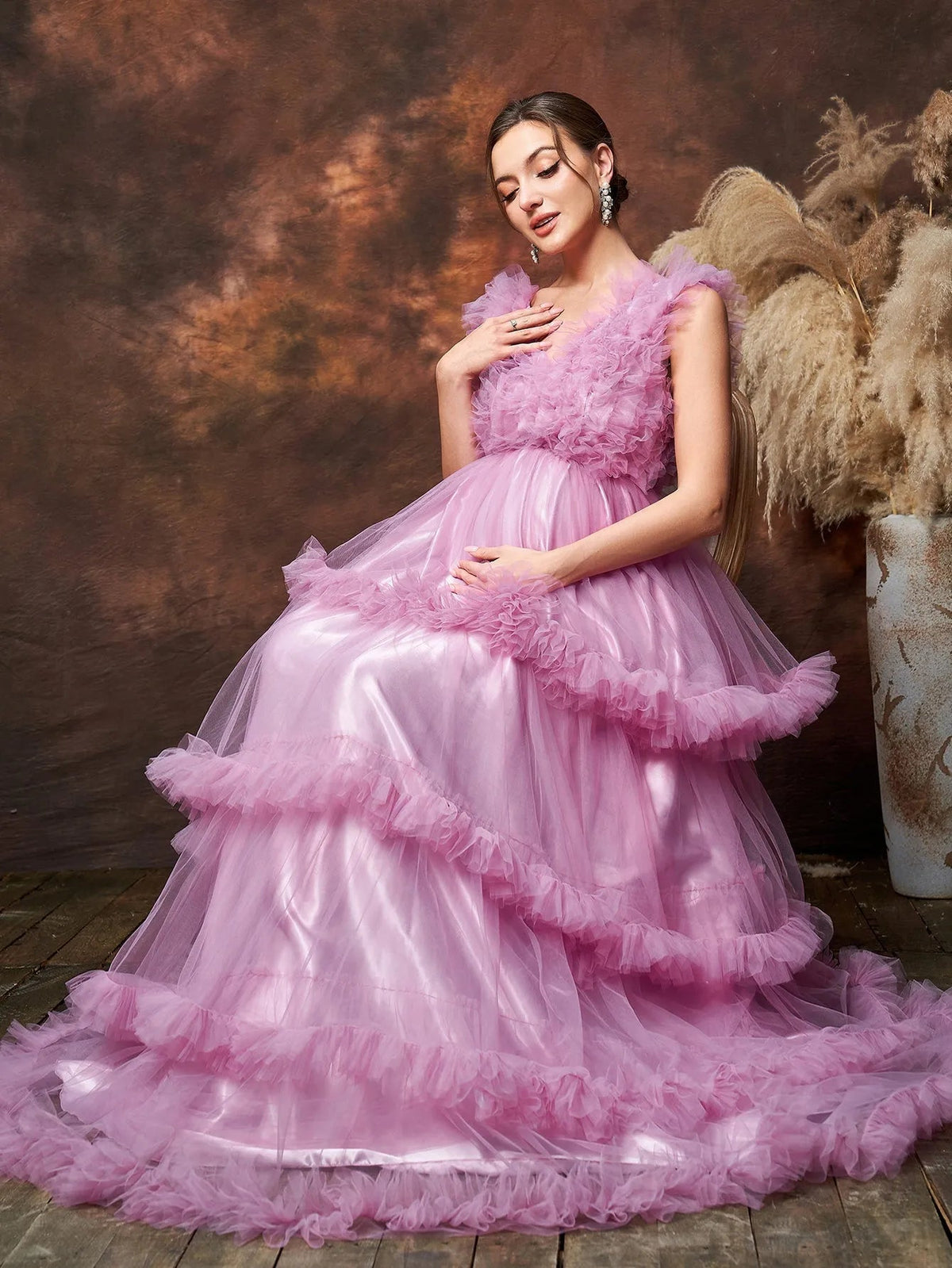 Additional product view of Layered Hem Ruffle Trim V-Neck Mesh A-Line Maternity Formal Dress